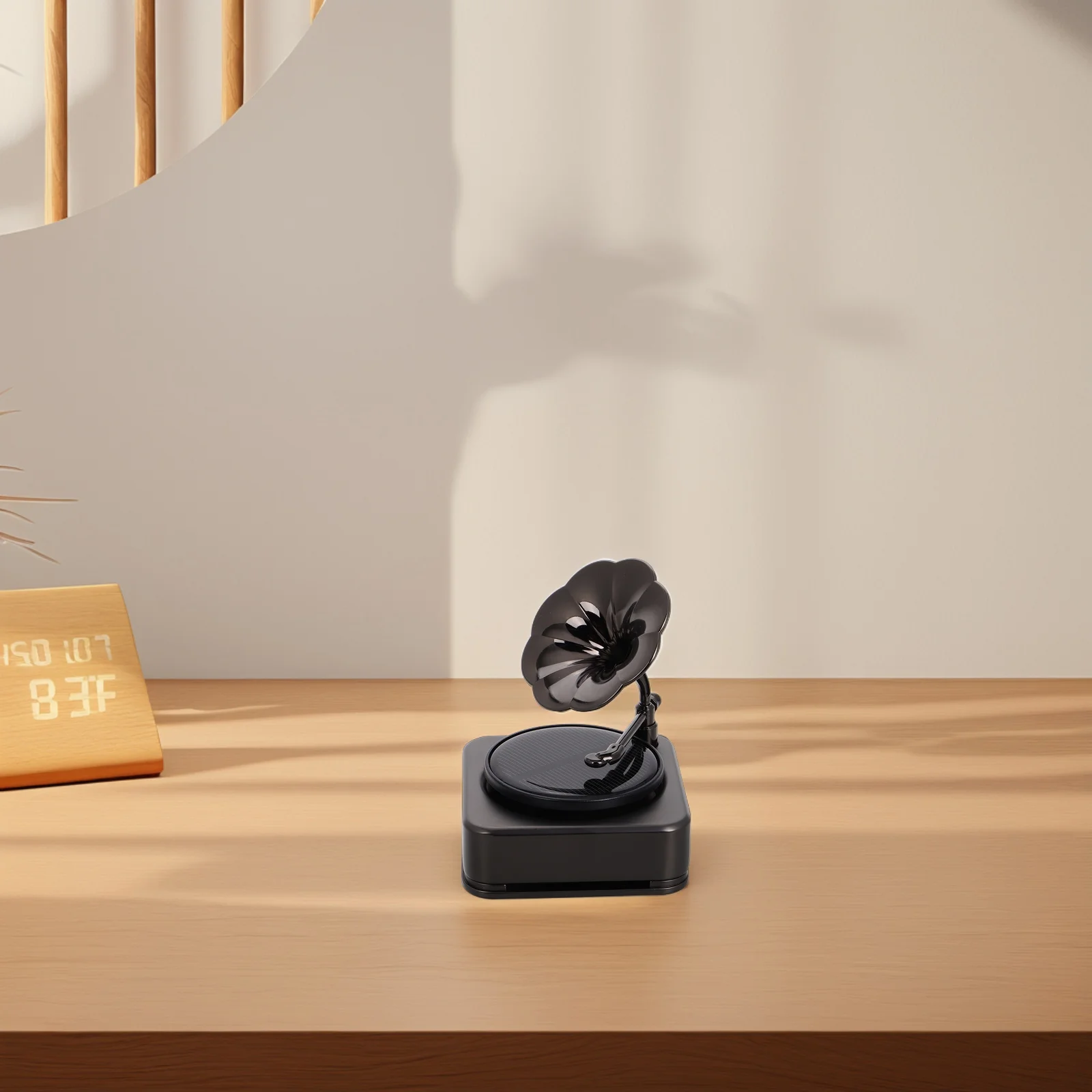 

Solar Powered Car Perfume Diffuser Unique Phonograph Shape Fine Detailing Fresh Scent Automotive Accessory Dashboard Mount