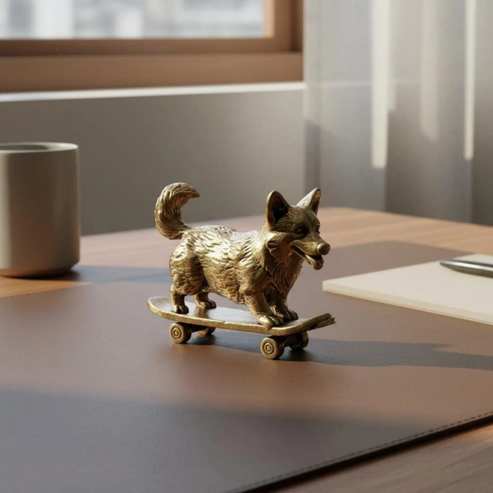 Handcrafted Brass Corgi Skate Figure Vintage Finish Home Decor Statue for Side Table or Mantel