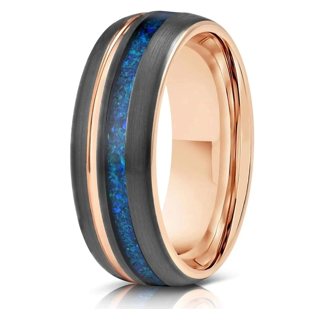 POYA 8mm Blue Opal Inlay, Black and Rose Gold Tungsten Carbide Ring