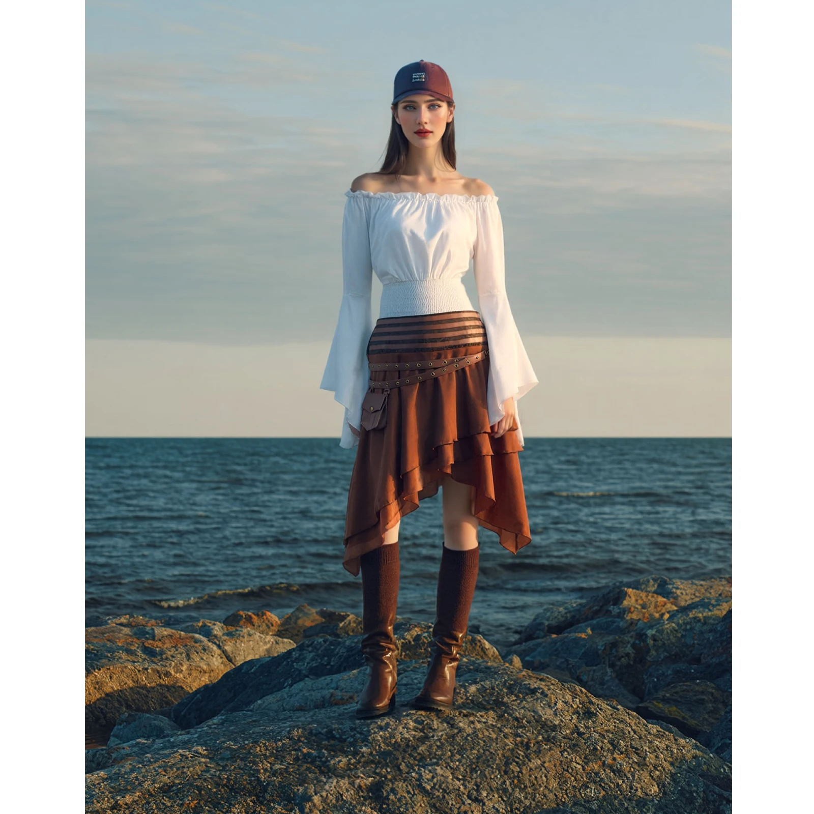 

4 Pcs Women'S Pirate Costume Set Flared Sleeves Top Ruffled Edges Skirt with Corset Wrist Guard Steampunk Shirt Gothic Skirt Set