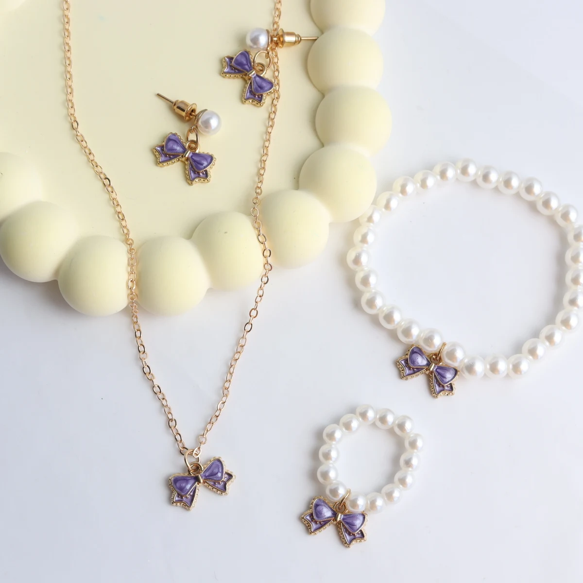 Adorable Purple Bow Pearl Jewelry Set 4Pcs Coquette Necklace Bracelet Earrings Ring Sweet Christmas Gift for Girls