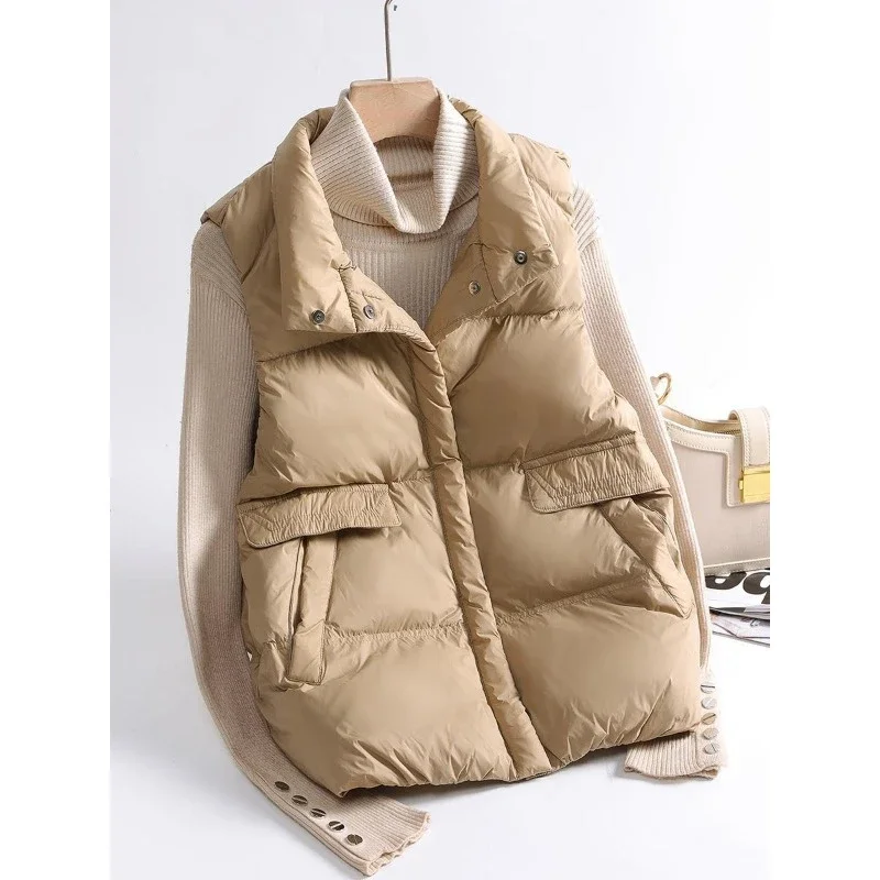 2024 Autumn Winter Ultra Light Thin Duck Down Jacket Women Quilted Short Warm Basic Vest Casual Pocket Waistcoat Female Coat