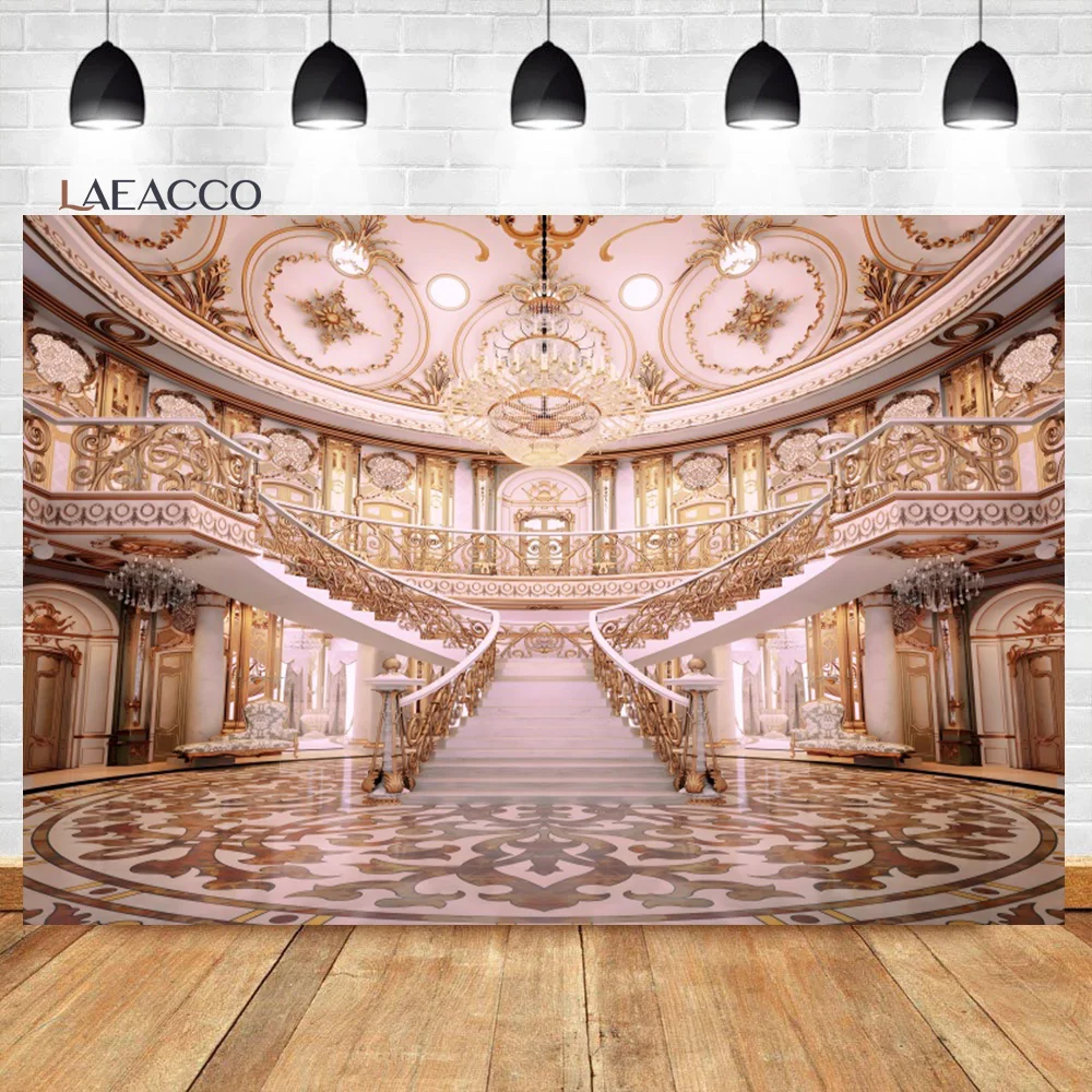 Laeacco Luxurious Palace Photography Backdrop Chandelier Arch Door Noble Hotel Chandelier Wedding Ceremony Portrait Background