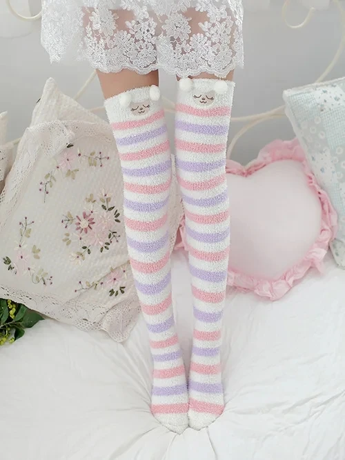 Japanese Mori Girl Animal Modeling Knee Socks Striped Cute Compression Autumn Winter Warm Sock Sleep Cozy Long Thigh High Socks