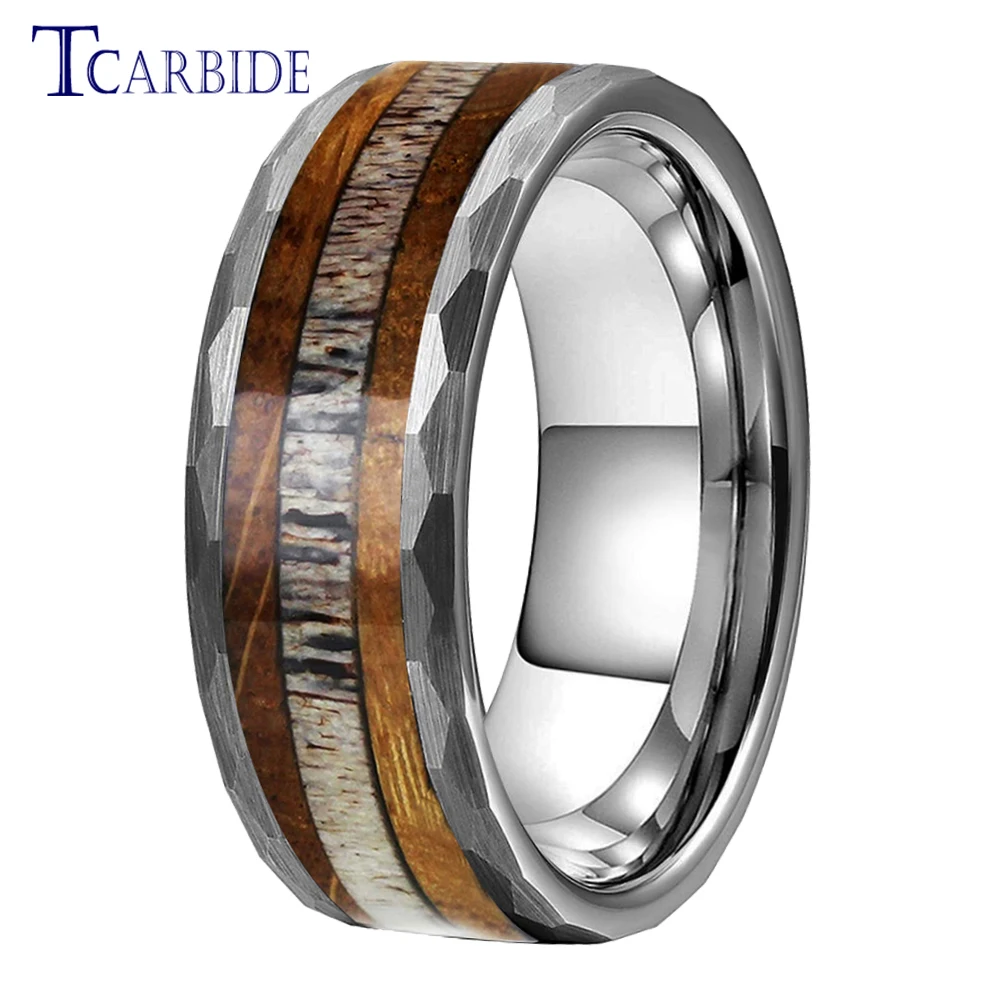 8MM Cool Hammer Ring Men Women Tungsten Carbide Wedding Band With Whiskey Barrel Oak Wood And Deel Antler Inlay Comfort Fit