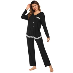 Women's Long Sleeved Long Pants Home Sleepwear Lace Patchwork Home Wear Sleepwear Set