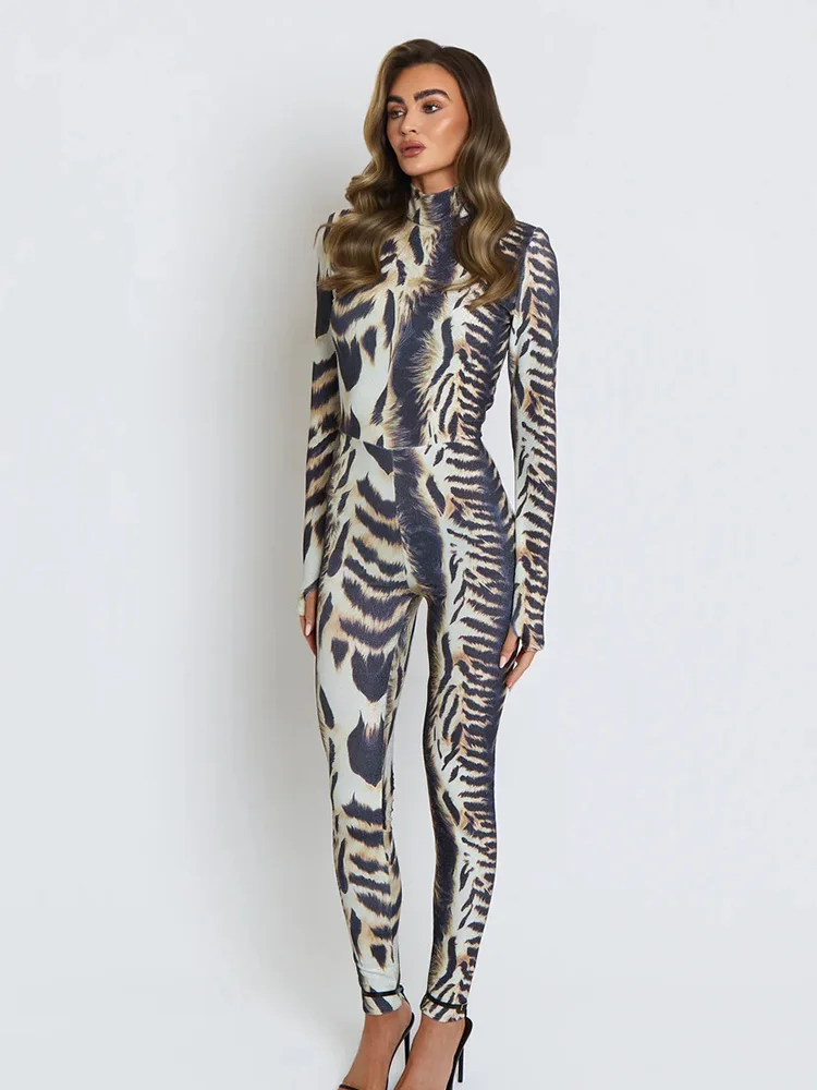 CNYISHE タイガーストライププリント秋の女性ジャンプスーツトレンディシックフィットネスセクシークラブパーティーシースファッショントムパーズ女性長袖