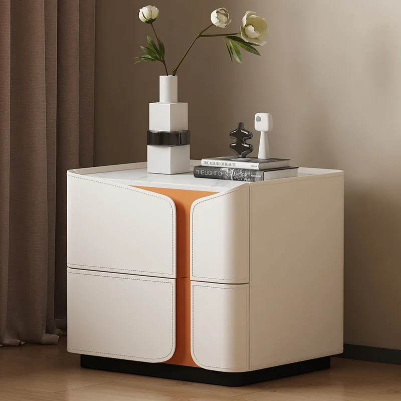 Italian minimalist high-end designer bedside table simple modern light luxury solid wood cream style fully equipped bedroom