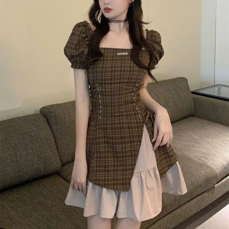 

Fake Two Pieces Vintage Plaid Spliced Dresses Women's Clothing Square Collar Summer Chic Bandage Waist Hotsweet Split Mini Dress