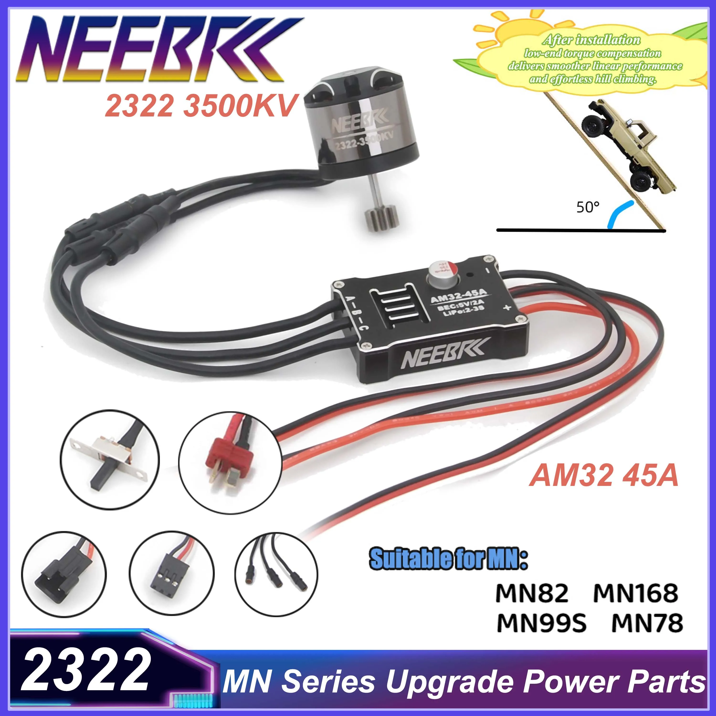 

NEEBRC 2322 3500KV Brushless Motor AM32 45A Metal ESC SM3.0/T Plug for 1/12 RC Car Crawler MN99 MN168 MN78 MN82 MN Upgrade Kit