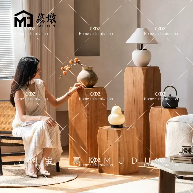 Solid wood bench log deep grain pier retro edge table old coffee table square wooden pile homestay ornament hotel design