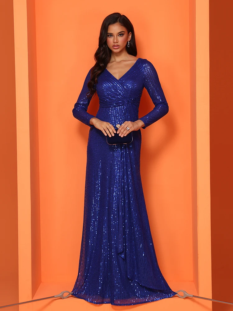 XUIBOL Elegant Blue Evening Dress For Women 2024 Luxury Long Sleeve Mermaid Formal Sequins V-neck Prom Wedding Party Gowns