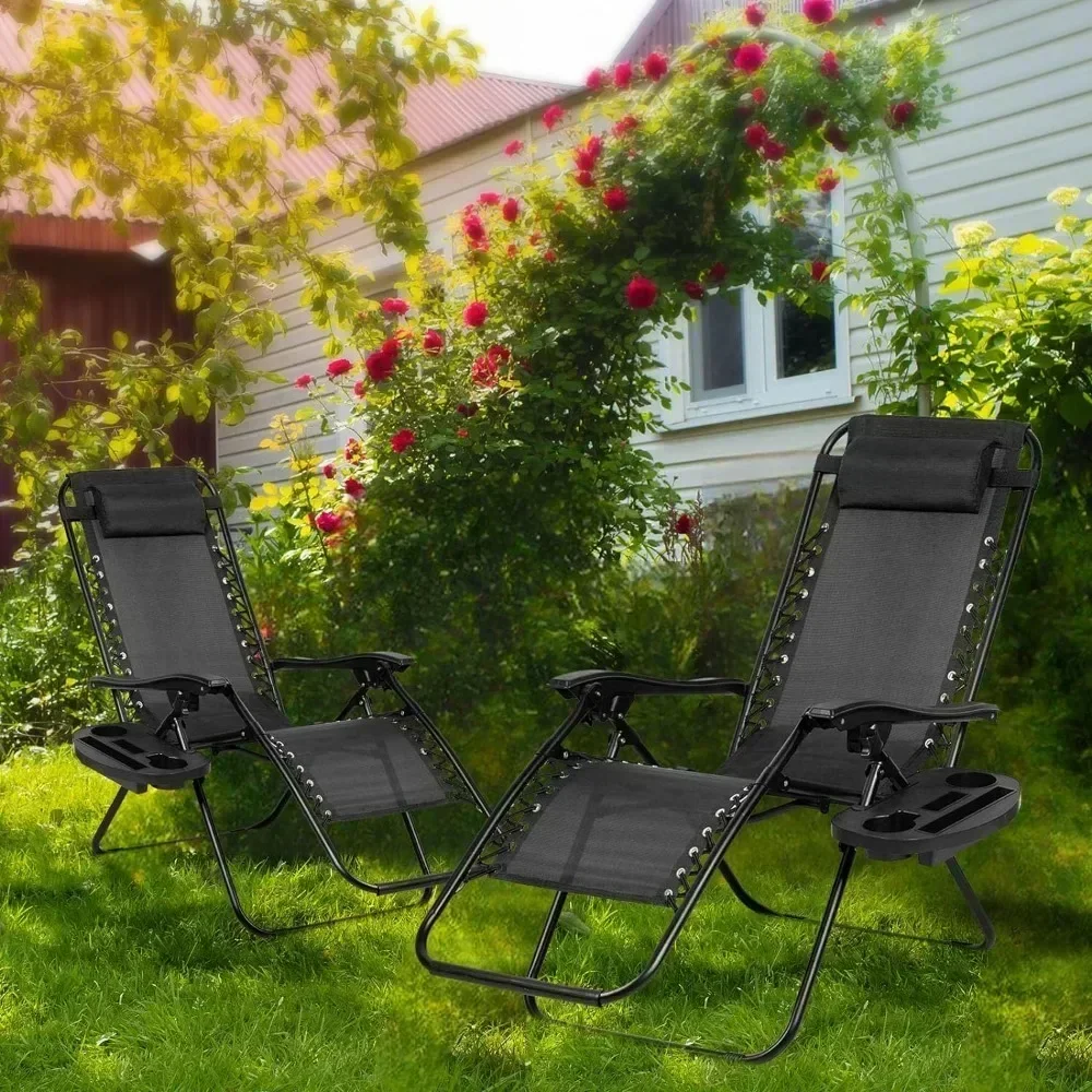 Outdoor Lounge Chair Set of 2,Pillows and Cup Holder Trays, All Weather Outdoor Lounge Chairs.