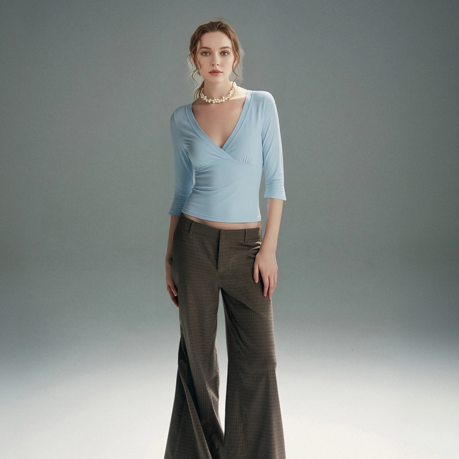 Women Wrap V Neck 3/4 Sleeve Crop Top Slim Fit Solid Color Basic Tee Elegant Cropped Blouse Casual T Shirt