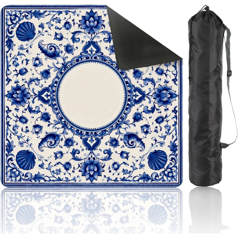 Mahjong Table Mat Blue White Chinese Dragon with Floral Ornament Pattern 31.5