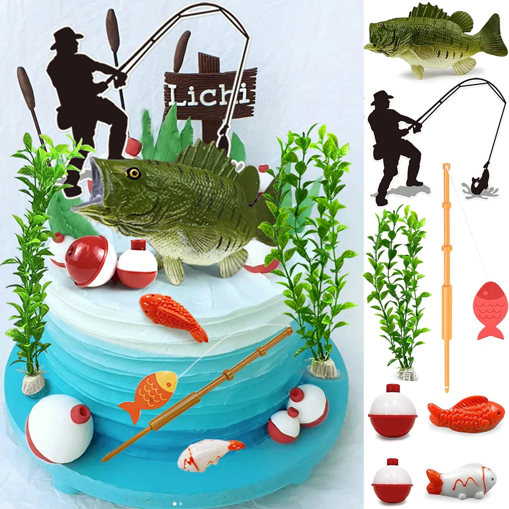 14pcs Gone Fishing Cake Topper Fisherman Themed Decoration for Retirement Party Supplies