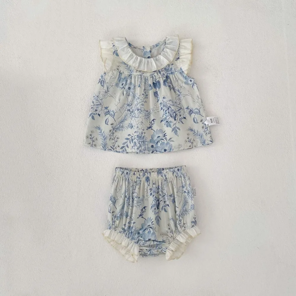 

0-4Years Cute Baby Girl Clothing Set 2026 Summer Toddler Kids Sleeveless Ruffles Collar Flower Tops+Bloomers Shorts 2PCS Clothes