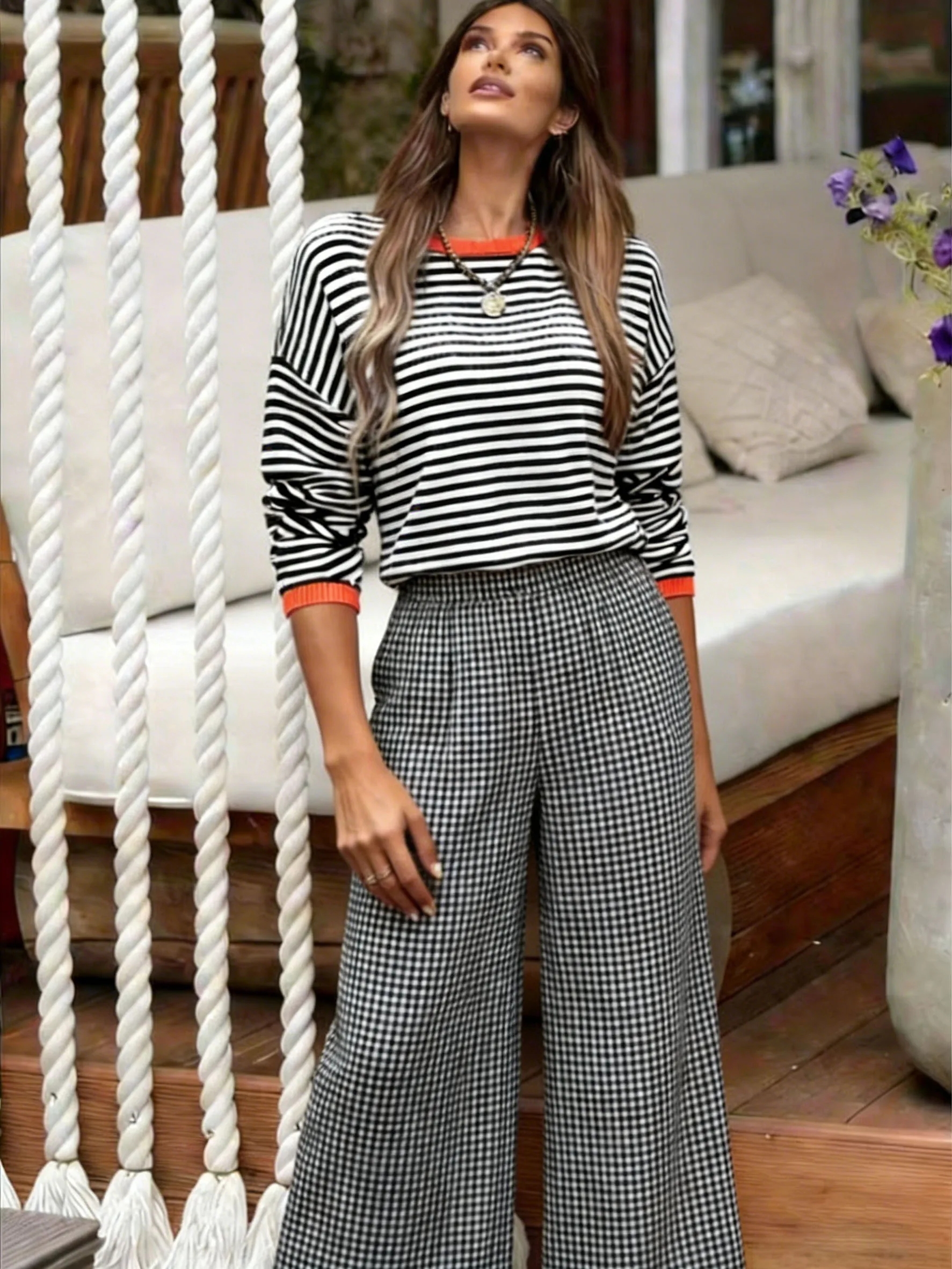 Oversized Contrast Trim Crew Neck Horizontal Striped Knit Top Drop Shoulder Long Sleeve Loose Casual Pullover Sweater