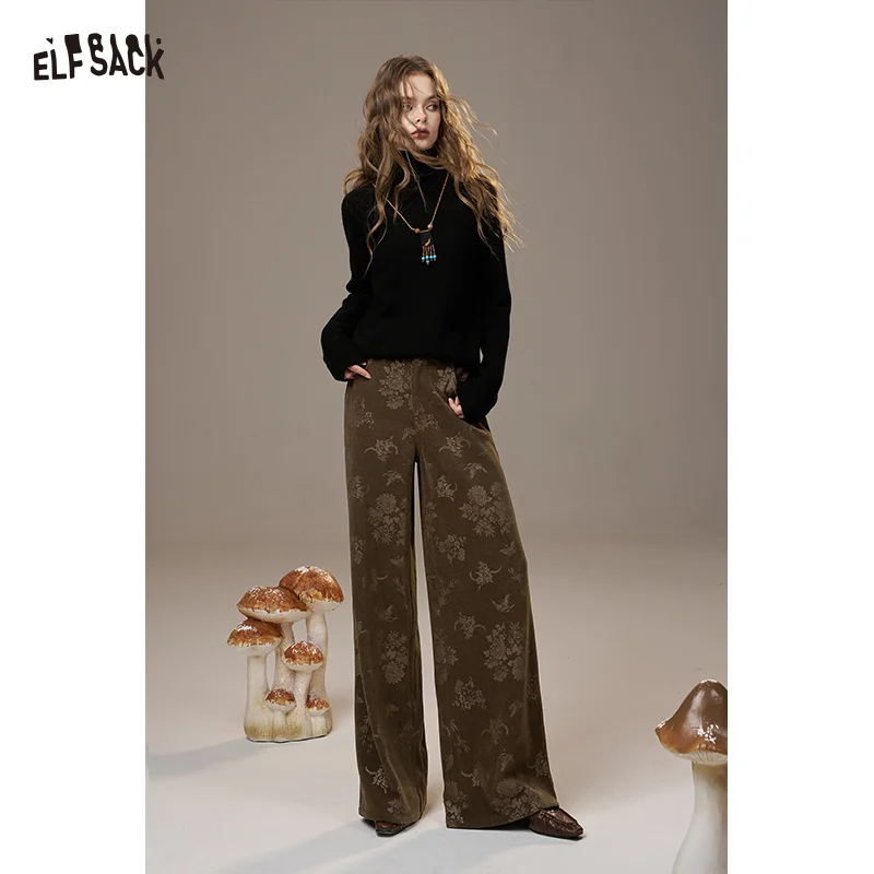 

ELFSACK 2025 Winter New Arrivals Casual Floral Pattern Embroidery Loose Fit Wide Leg Pants For Woman