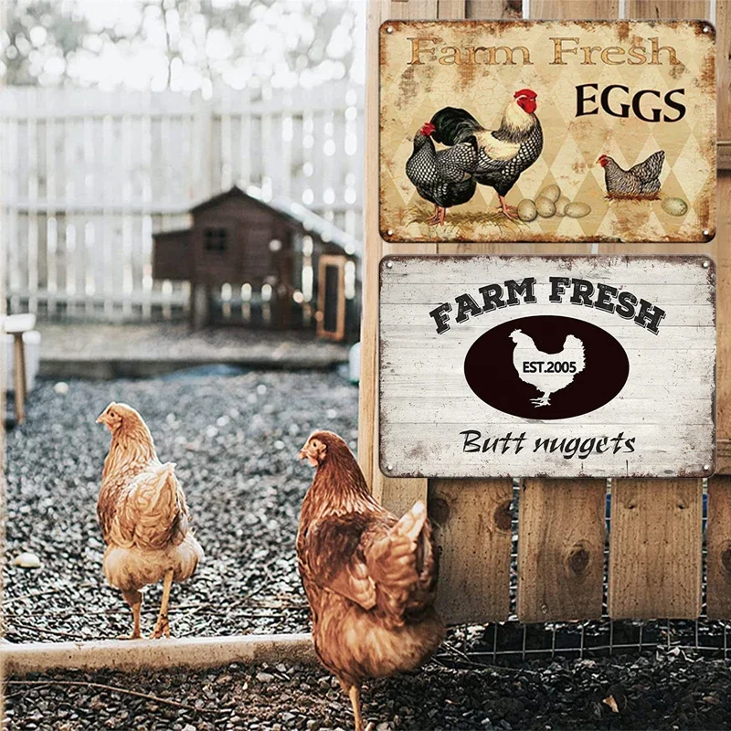 Metal Signs Fresh Eggs Fluffy Butt Hut Chicken Retro Tin Sign Vintage Funny Outdoor Wall Plaque Garden Farm Signs Coops Decor