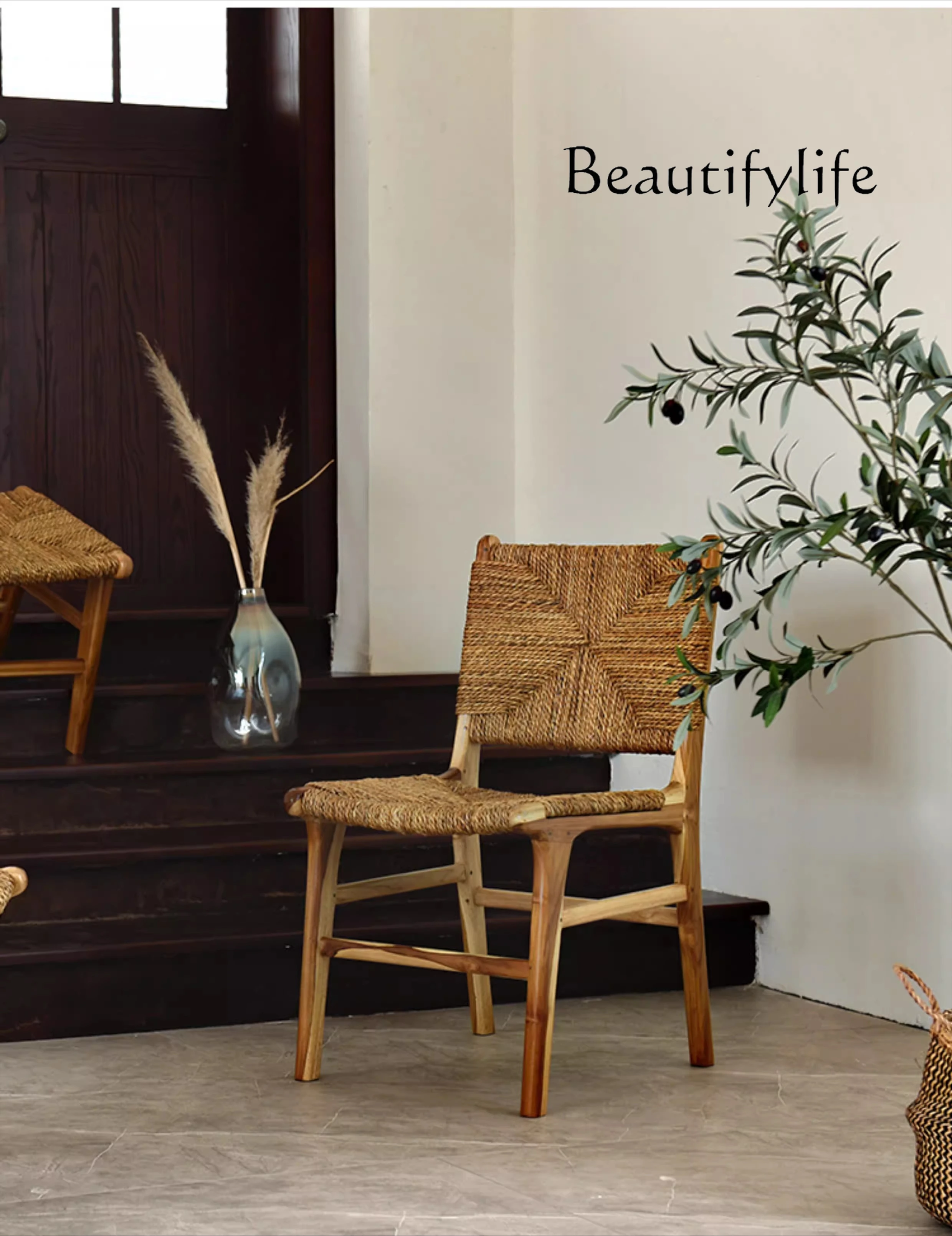 Solid wood dining chair leisure chair surprise quiet chair Nanyang retro rattan banana linen furniture backrest home dining tabl