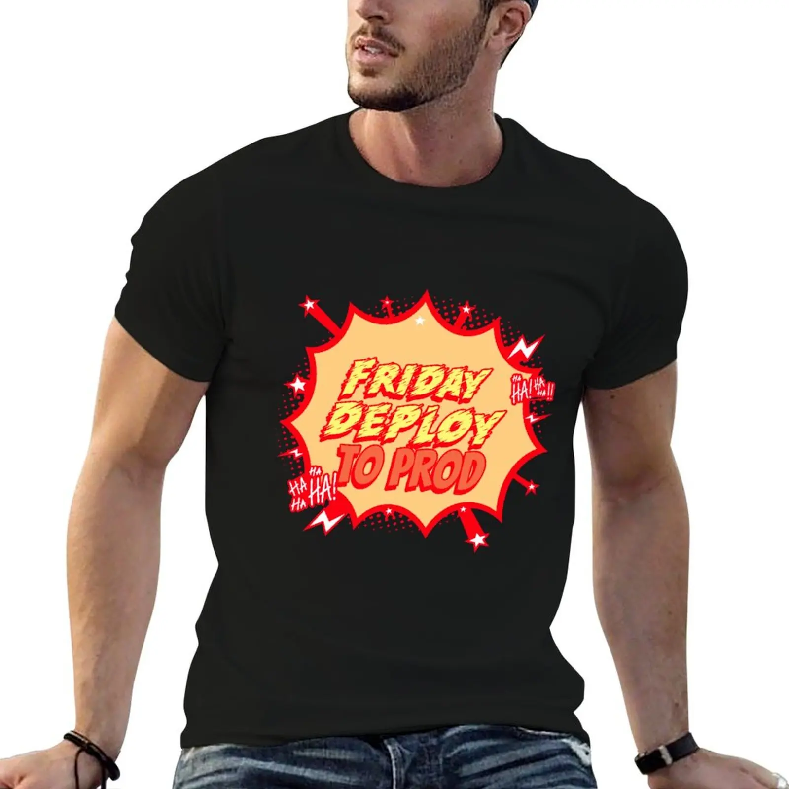 Friday Deploy to Prod - Ha! Ha! Ha! Programmers Humor yellow and dark blue background T-Shirt Festival Casual Short Sleeve