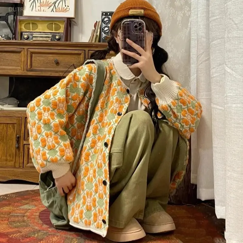 Y2k Harajuku Vintage Pumpkin Flowers Sweaters Autumn Women's Cardigan Coat Pull Femme Knitwear Top Knitted Cardigan