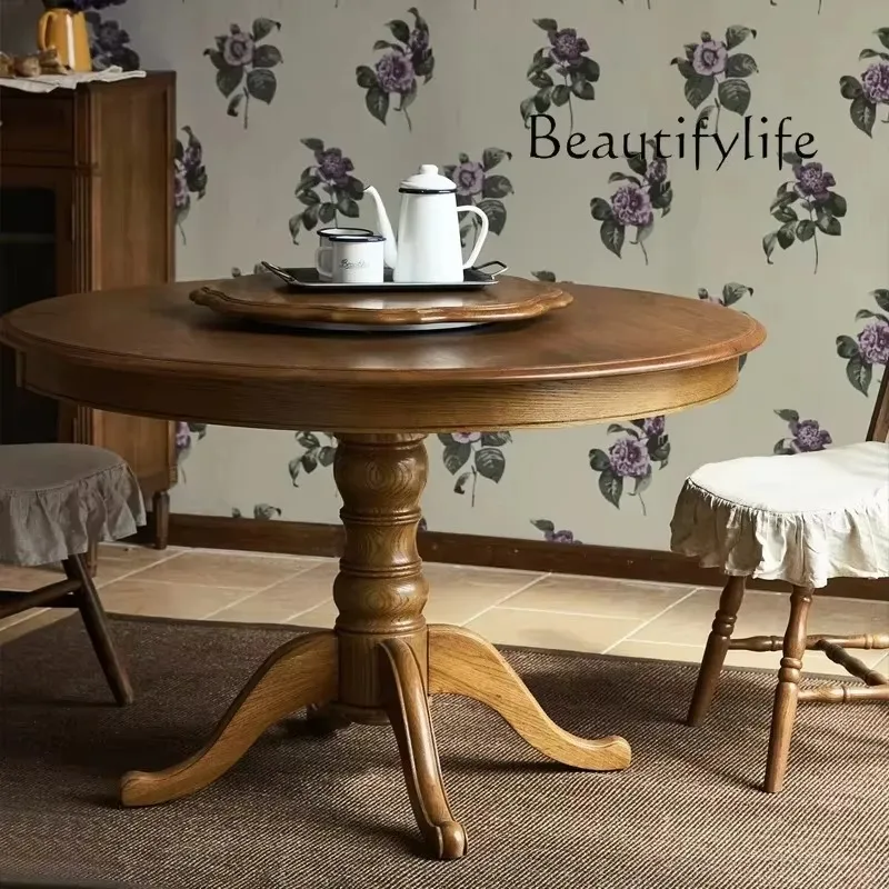 NNAmerican Rural Retro Round Table Solid Wood Home Dining Table Simple Small Apartment Table Log Turntable