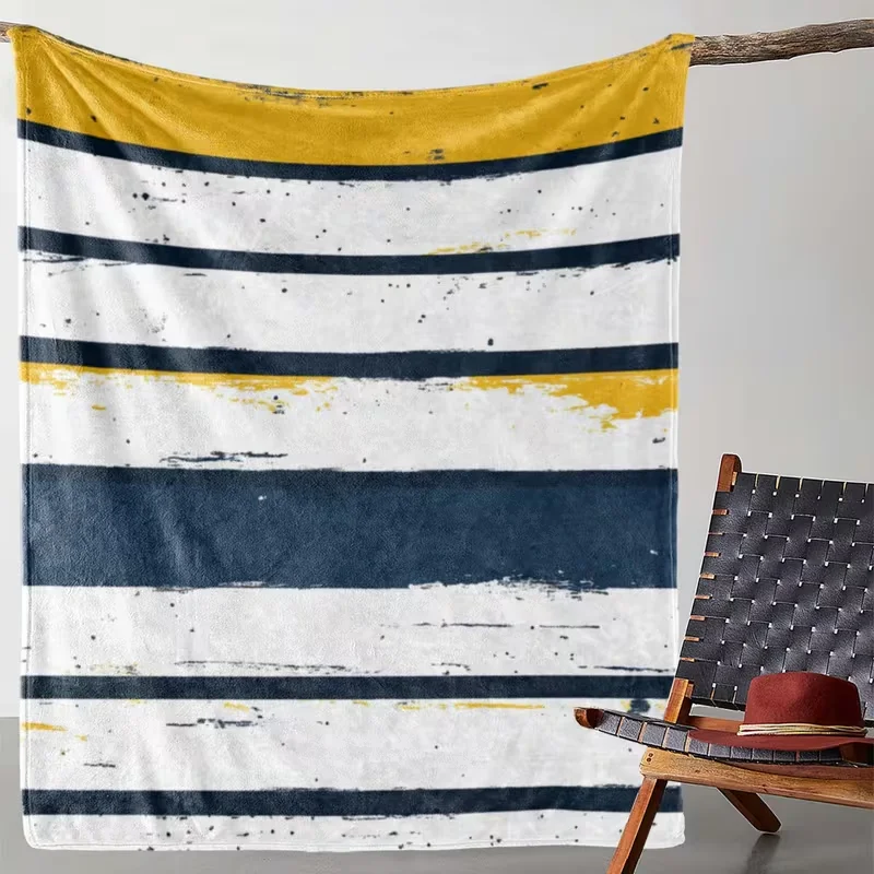 Distressed Yellow Navy Horizontal Stripe Blanket Vintage Brush Stroke Striped Pattern Soft Blanket For Sofa Bed