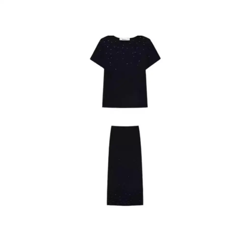 

Woman Beaded Knit Top 2 Piece Set Summer Round Neck Short Sleeve T Shirt Fashion High Waist Long Skirt Commuting Skirts