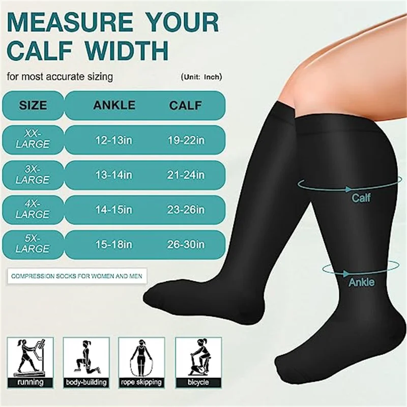 2XL-7XL Plus Size Compression Socks Solid Color Women Men Sports Running Yoga Extra Size Fat Sock for Sports Fitness Weight Loss