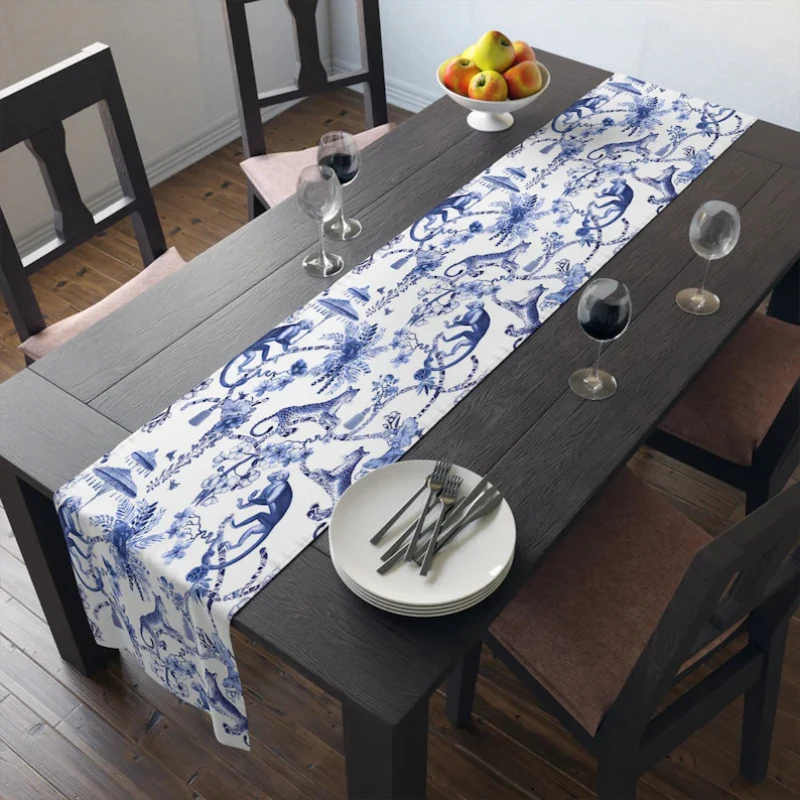 VIKAMA Flower Chinese Plant Printed Table Runner, Chinese Jungle Style, Rural Farmhouse Table Decoration Kitchen Decoration