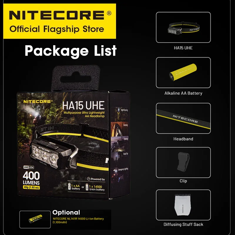 كشافات NITECORE HA15 UHE AA متعددة الأغراض خفيفة الوزن للغاية 400 لومن للجري الليلي والتخييم والصيد والرحلات على الطرق