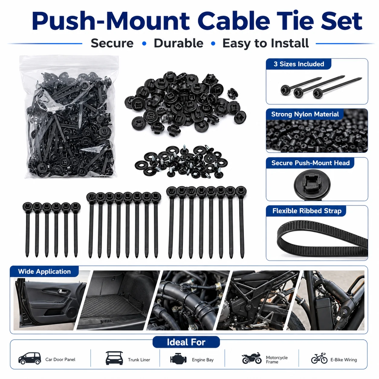 Nylon Universal Cable Tie Clamps, Self-Locking Zip Tie Buckles with Fixing Nails for Auto Repair & Wire Management
