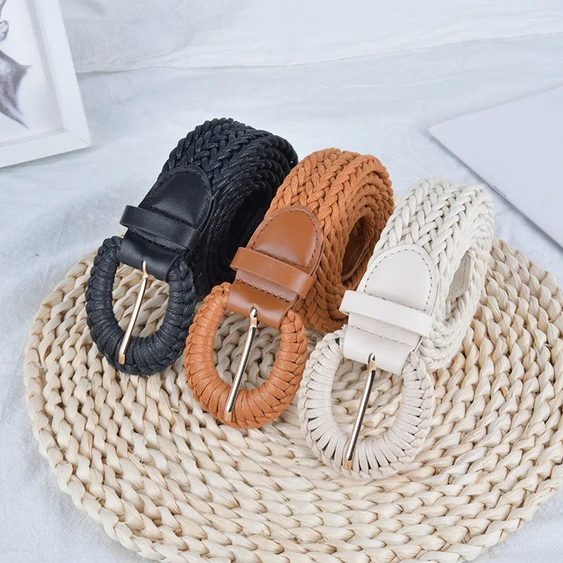 حزام خصر منسوج مثقوب للنساء، ريترو، بسيط، إبزيم إبرة، حزام طالب كاجوال ومتعدد الاستخدامات، جينز، عصري