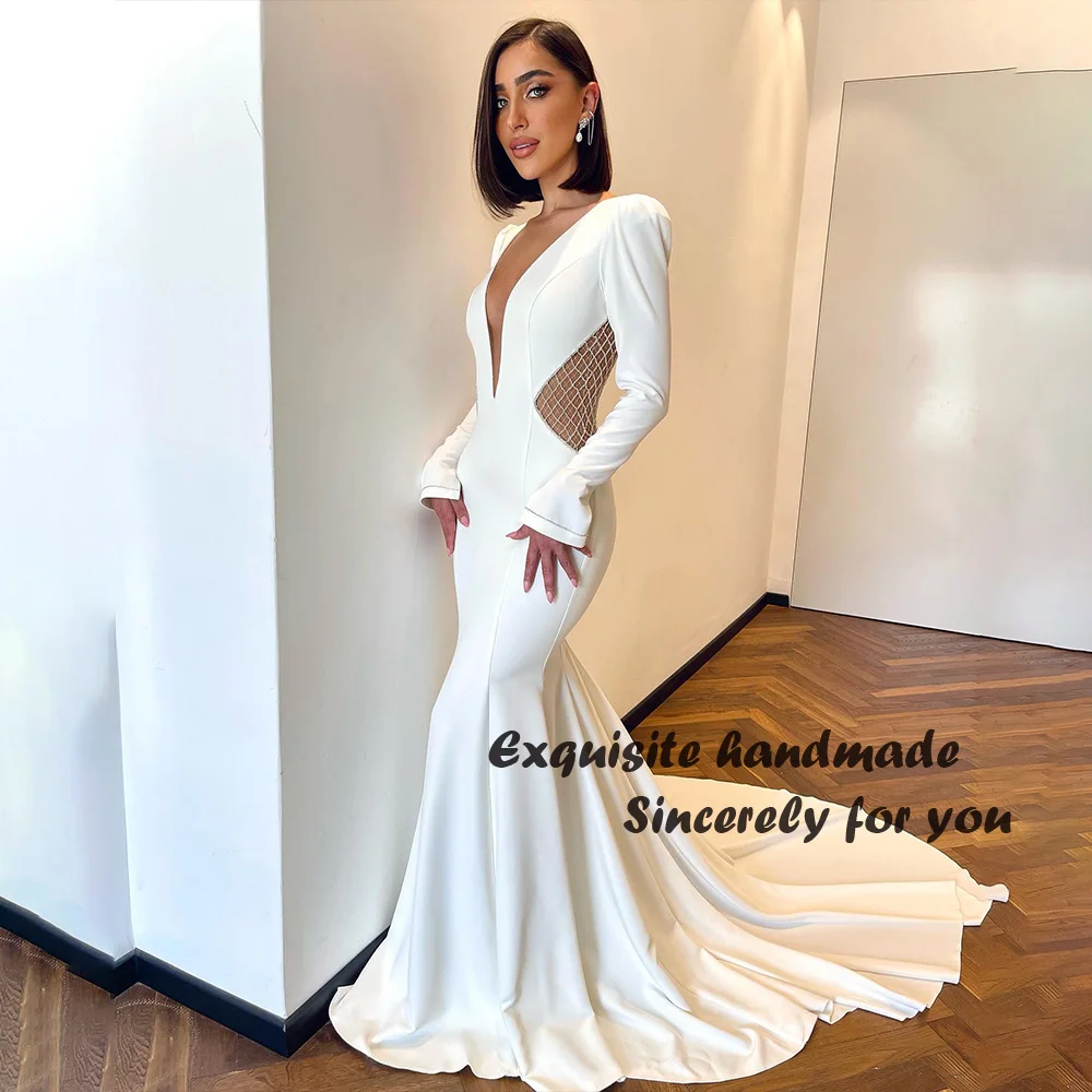 

9White Mermaid Wedding Dresses Long Sleeve Side Mesh Sexy Israel Bride Dress Customized Beach Wedding Bridal Gowns