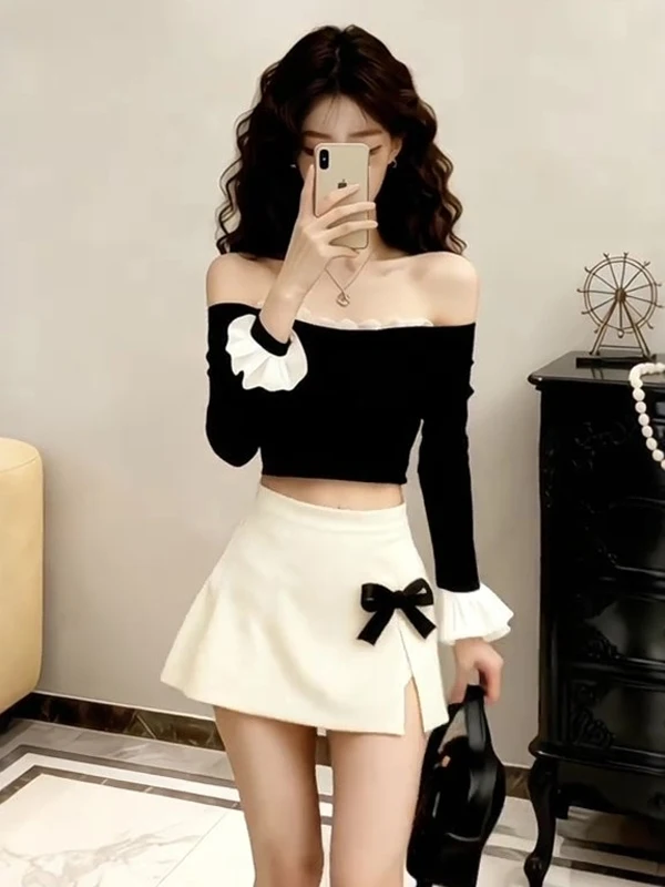 

Chic High Waist ter Ne Long Sve Two-Piece Set Knot Fene Sle Autumn Winter Warm Faion Women's Outfit