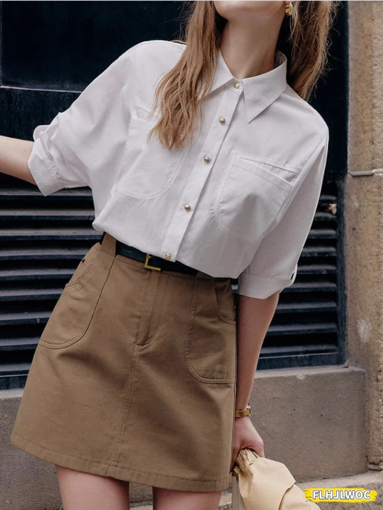 

White Button Shirts Office Lady New Design Women Short Sleeve Pockets Single-Breasted Retro European Style Chic Tops Blouses