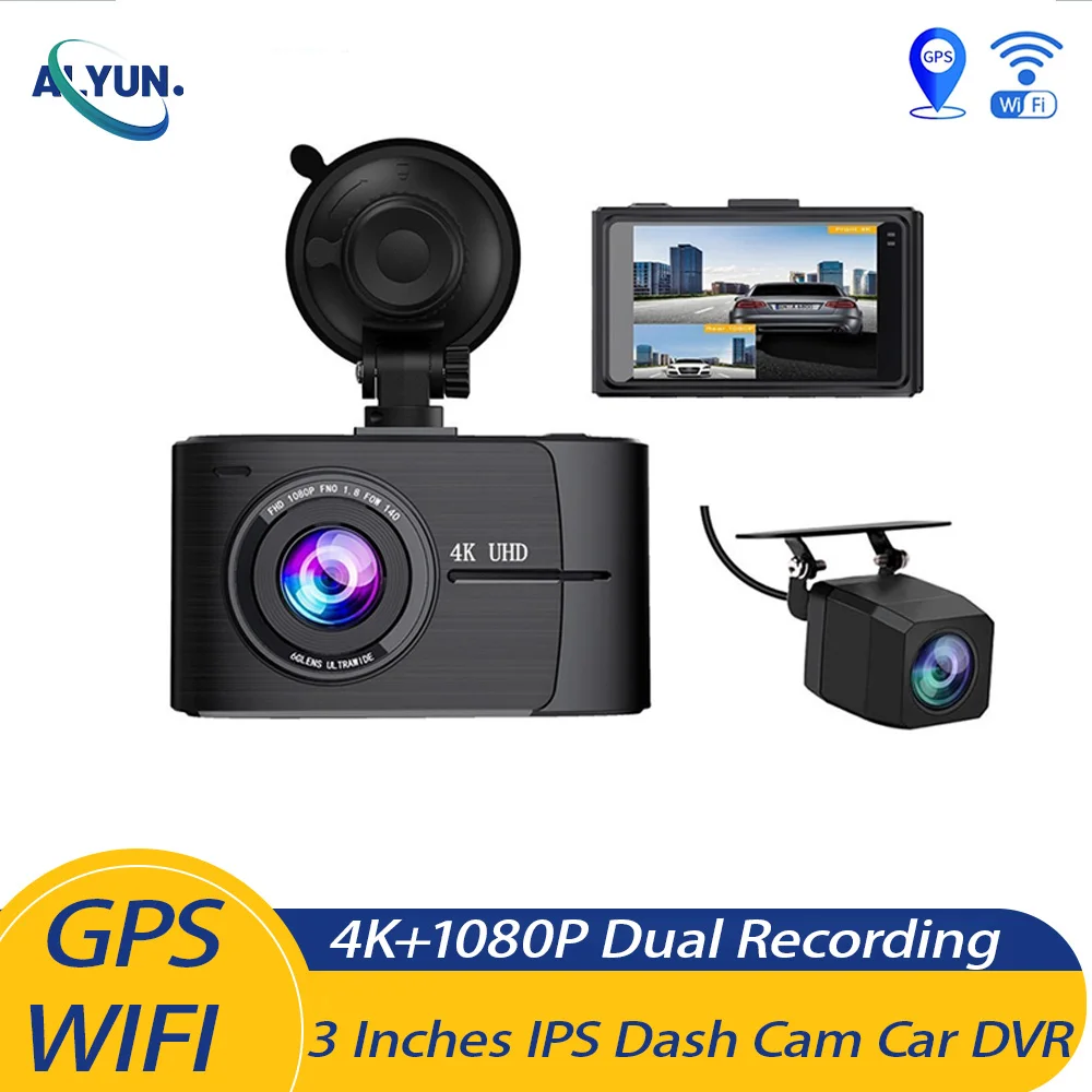 

3Inch IPS Dashcam GPS WIFI Car DVR Dual Camera for Car Front 4K and Rear 1080P Angle HD Night Vision