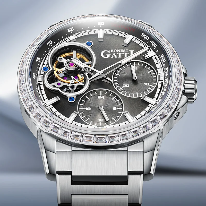 

BONEST GATTI немецкие автоматические механические часы скелетон деловые спортивные мужские наручные часы с браслетом из нержавеющей стали Multi-Fun