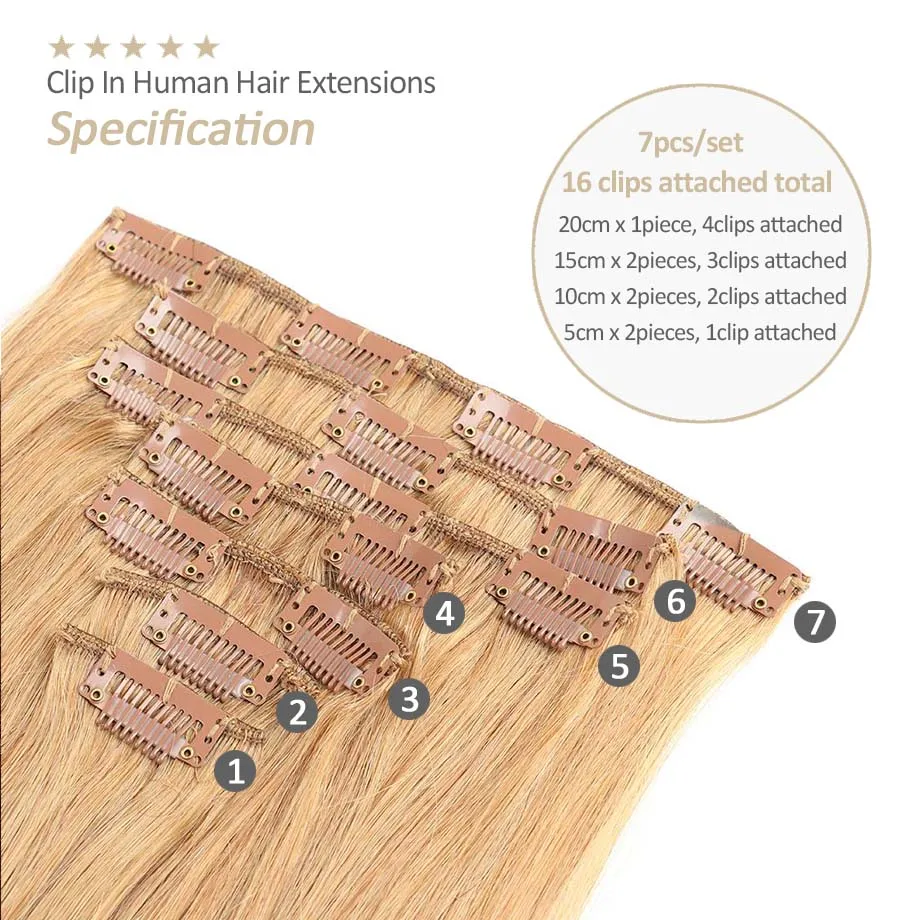 Clip in Hair Extensions Real Human Hair Caramel Blonde Hair Clip in Extensions Brazilian Remy Clip in Human Hair Extensions 7pcs