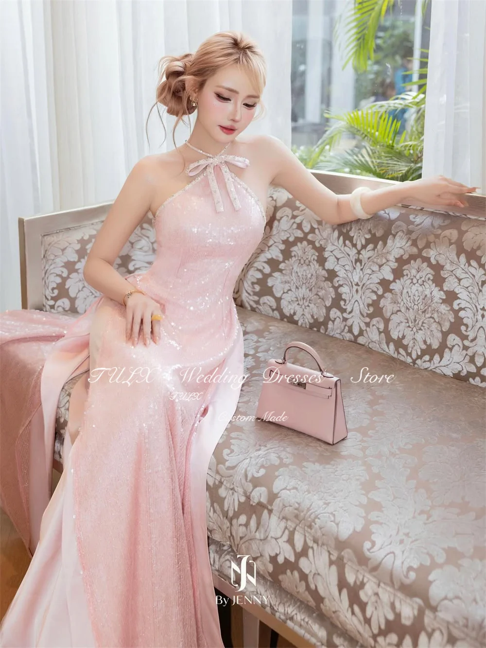 TULX 高級ピンクキラキラレースイブニングドレスホルターネックノースリーブパーティードレス A ラインロングフォーマルオケージョンドレスカスタマイズ 2026