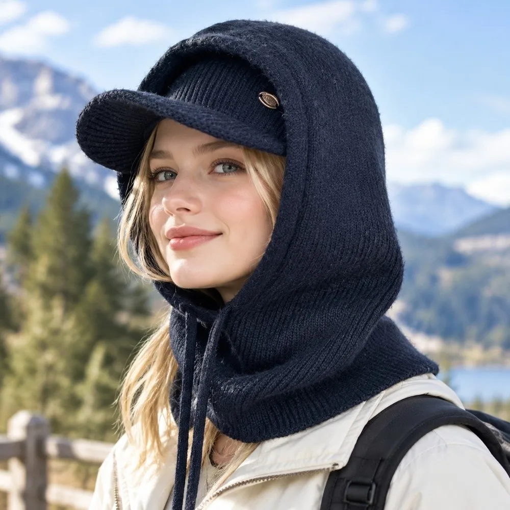 Fashion Elastic Knit Balaclava Set Windproof Ribbed Texture Baseball Cap Hooded Scarf Open-top Hat Knit Beanie Hat Women Girls