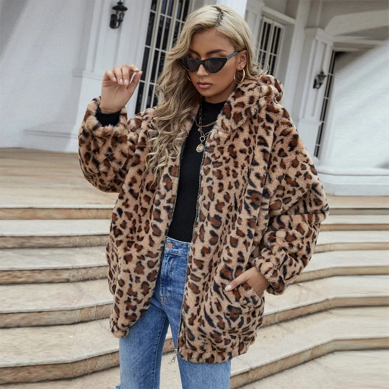 Women's Clothing F0416 Leopard Fur & Faux Fur Coat Women Hooded Zip Up Fluffy Jacket Oversized Winter Streetwear Outerwear