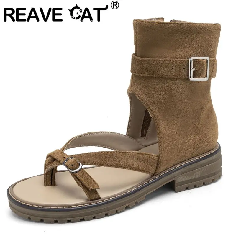 REAVE CAT Roman Style Female Sandals Clip Toe Flats Flock Suede Zipper Belt Buckle Large Size 41 42 43 Leisure Daily Soft Shoes