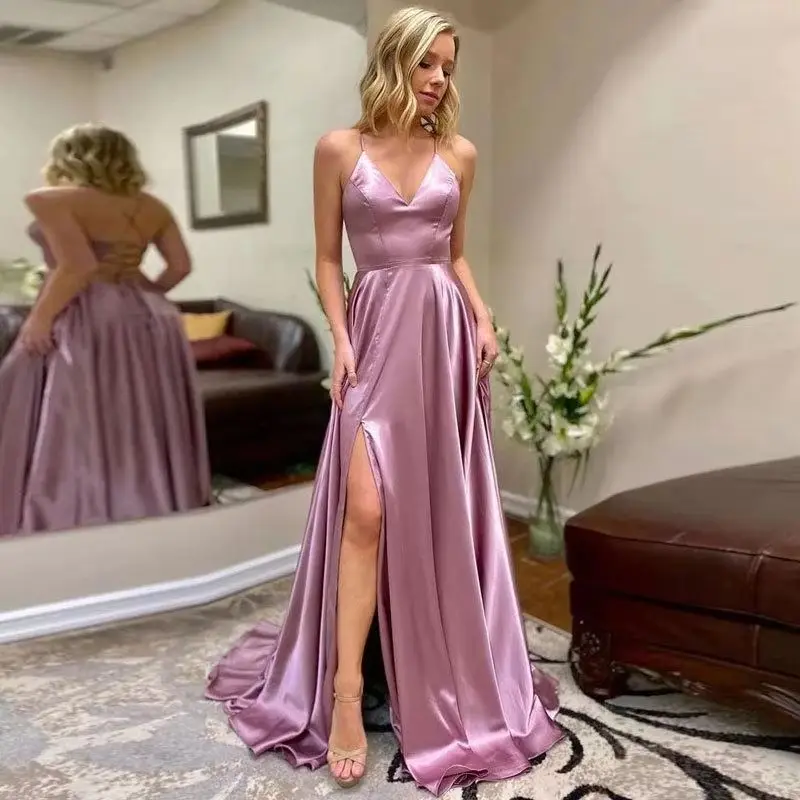 

Sexy V-Neck High Split Prom Party Dresses A-Line Floor Length Backless Formal Wedding Gowns Spaghetti Straps Vestidos De Festa