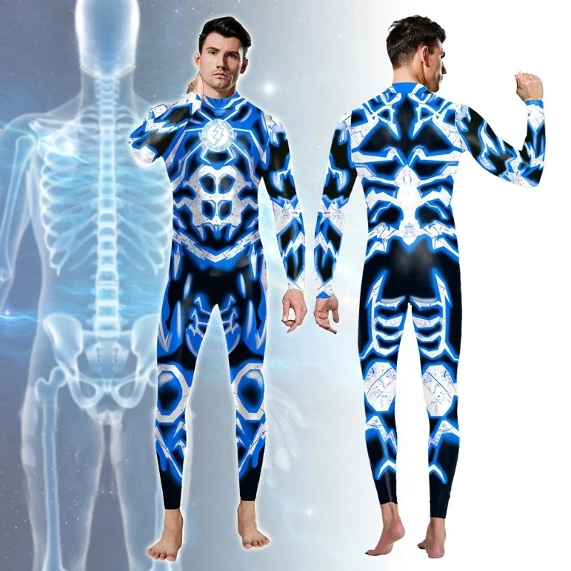 

Sci-Fi Style Bodysuit - Blue & White Lightning Skeleton Print Tight-Fitting Outfit | For Party Cosplay/Stage Performance