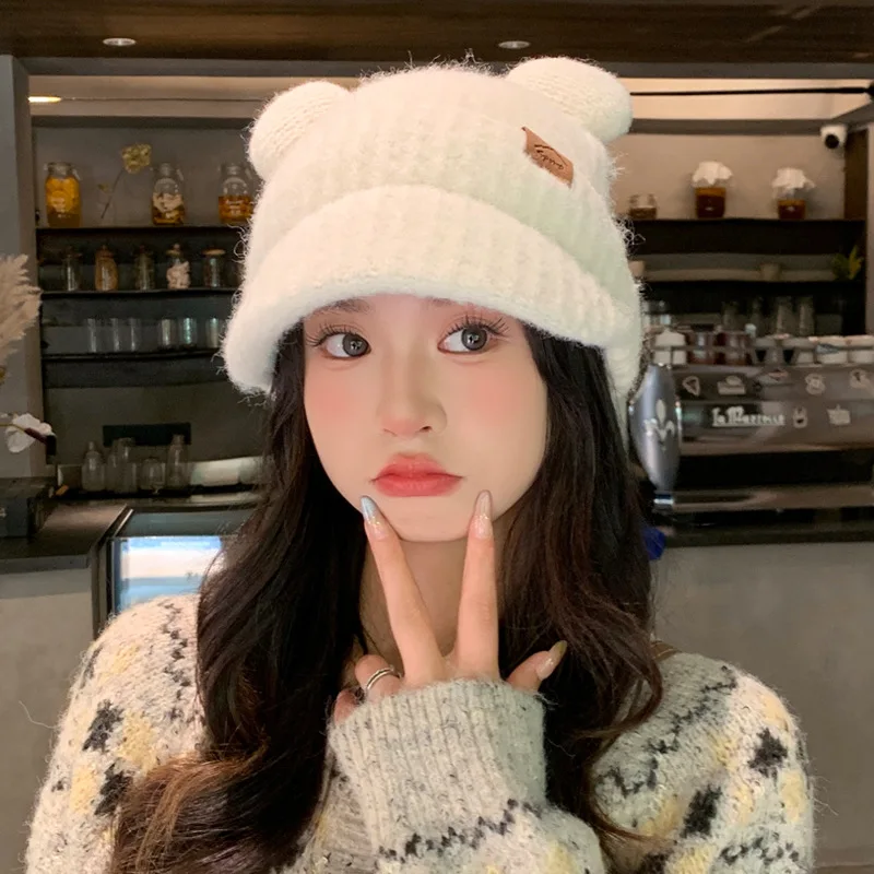 Fall Winter Bear Ear Knit Hat, Ladies Large Head Friendly Face Slimming Warm Earflap Beanie