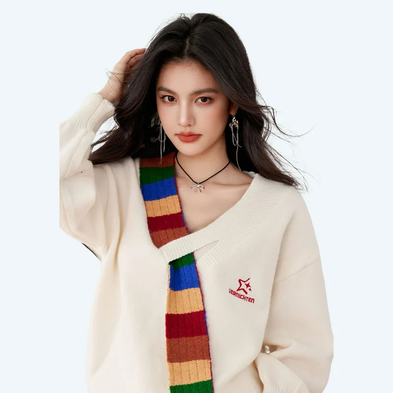 

Hot 2025Autumn Winter New Women Retro Rainbow Woolen Splicing V Neck Knitted Sweater Casual Loose College Style High End Sweater