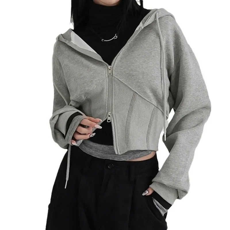 2024 New Retro Sexy Cropped Hooded Sweatshirts Women Autumn Winter Asymmetrical Long Sleeve Waistband Zipper Grey Hoodies Female